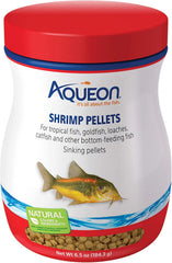 Aqueon Shrimp Pellets Fish Food shown from the front of its package.
