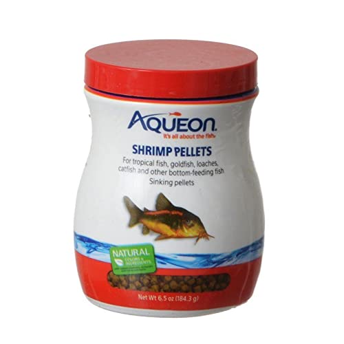 Aqueon Shrimp Pellets Fish Food package label shown in detail.