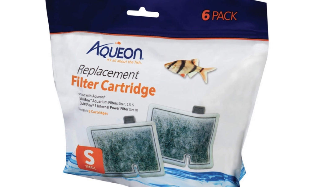 Aqueon Small Filter Cartridges shown as a six-count product pack.