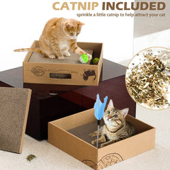 ARGOPET cat scratcher pads shown with the teasing stick and two jingle balls.