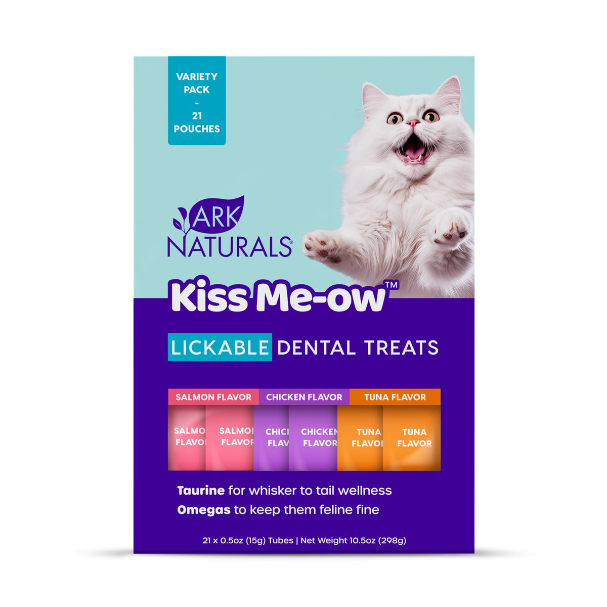 ARK NATURALS Kiss Me-Ow cat treats shown with the variety pack packaging.