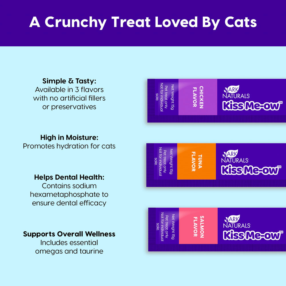 ARK NATURALS Kiss Me-Ow cat treats shown poured over a cat’s food.
