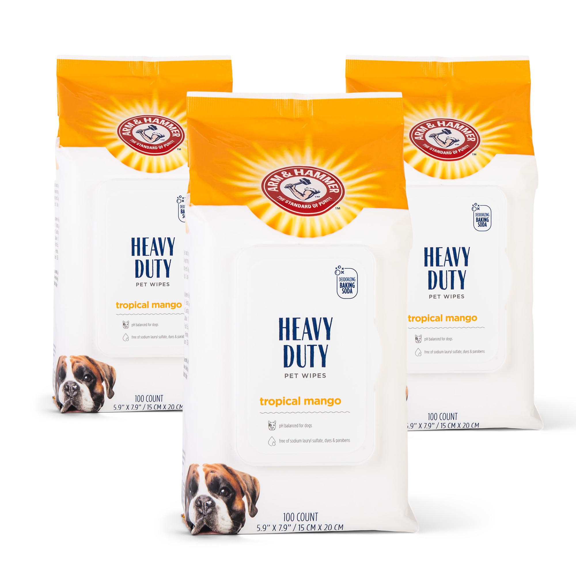 ARM & HAMMER dog wipes shown as a three-pack of mango-scented wipes.