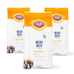 ARM & HAMMER dog wipes shown as a three-pack of mango-scented wipes.