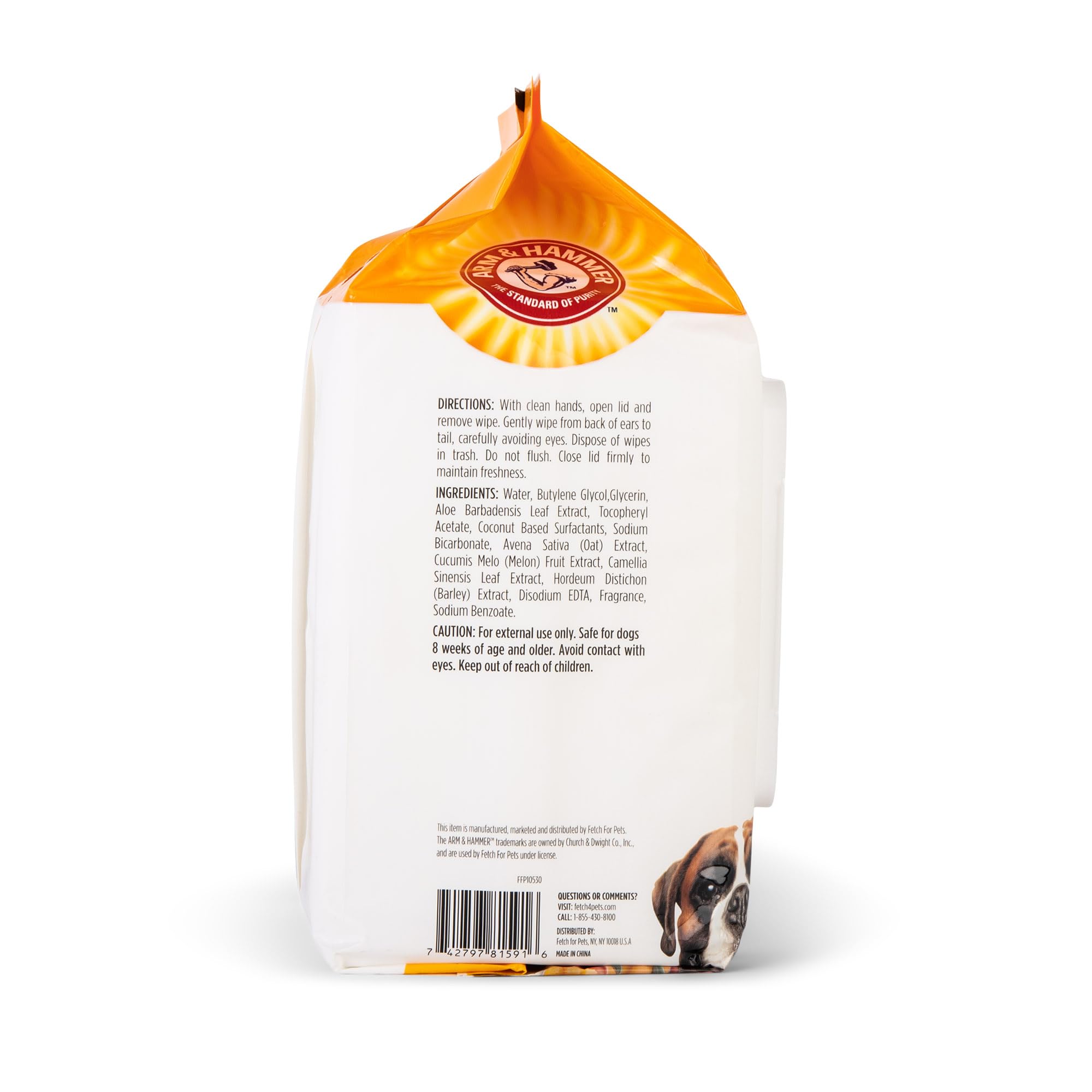 ARM & HAMMER dog wipes being used to clean a dog's paw.