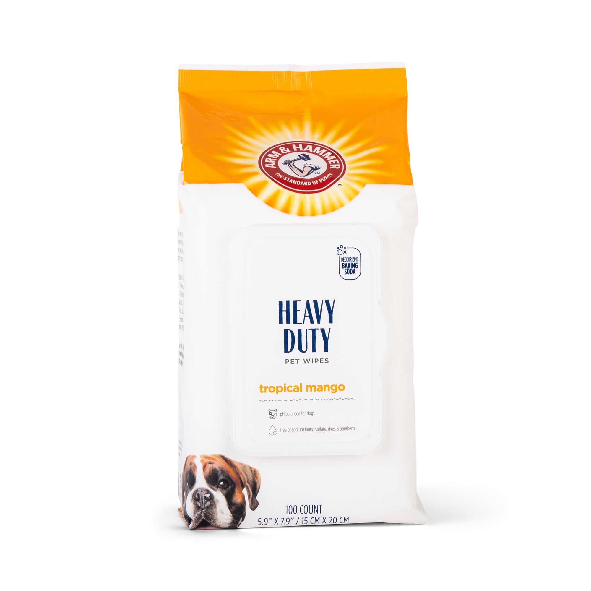 ARM & HAMMER dog wipes package with its resealable lid visible.