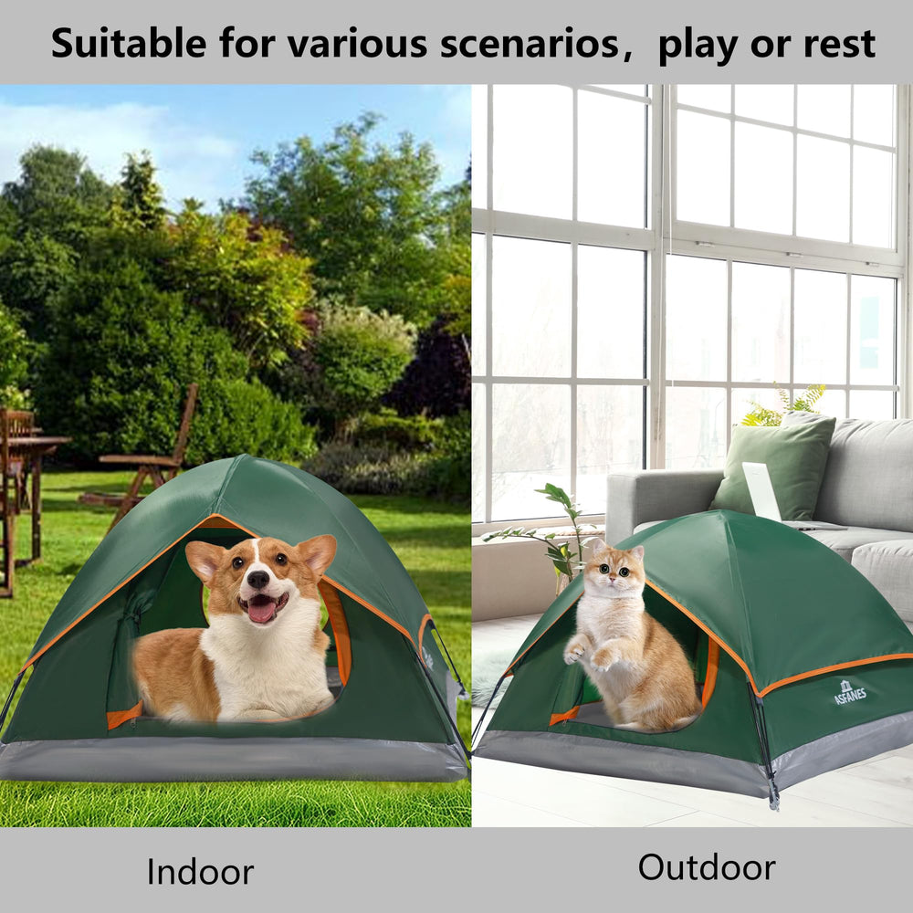 ASFANES foldable pet tent showing its zippered D-shaped front door.