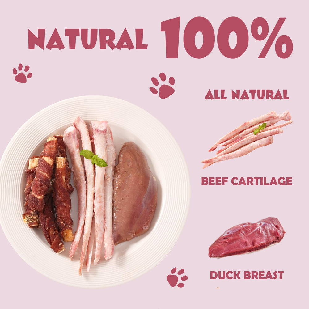 ASMPET dog chews shown in a close-up of the duck and beef cartilage ingredients.