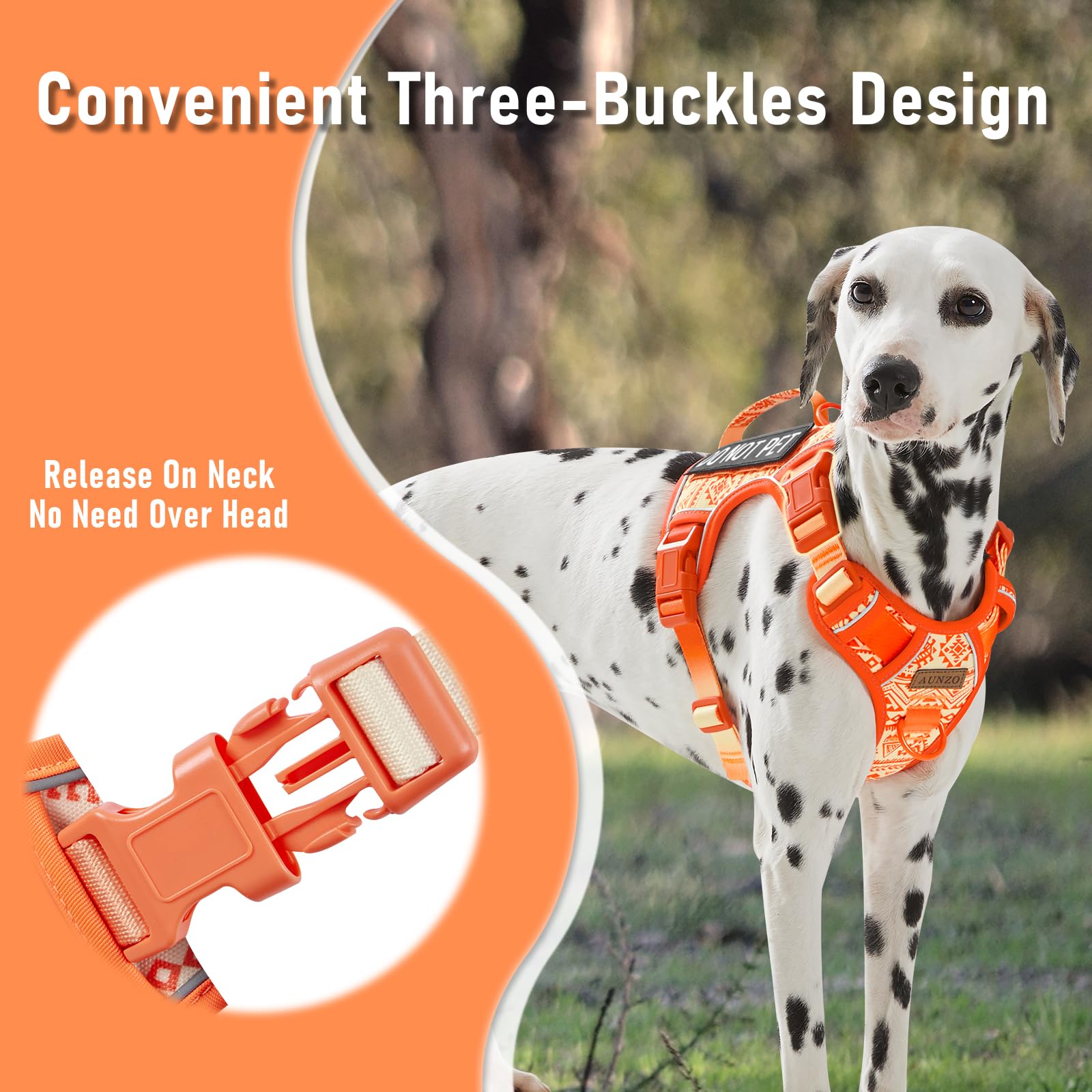 AUNZO Tactical Dog Vest Harness detail showing the front and back leash clips.