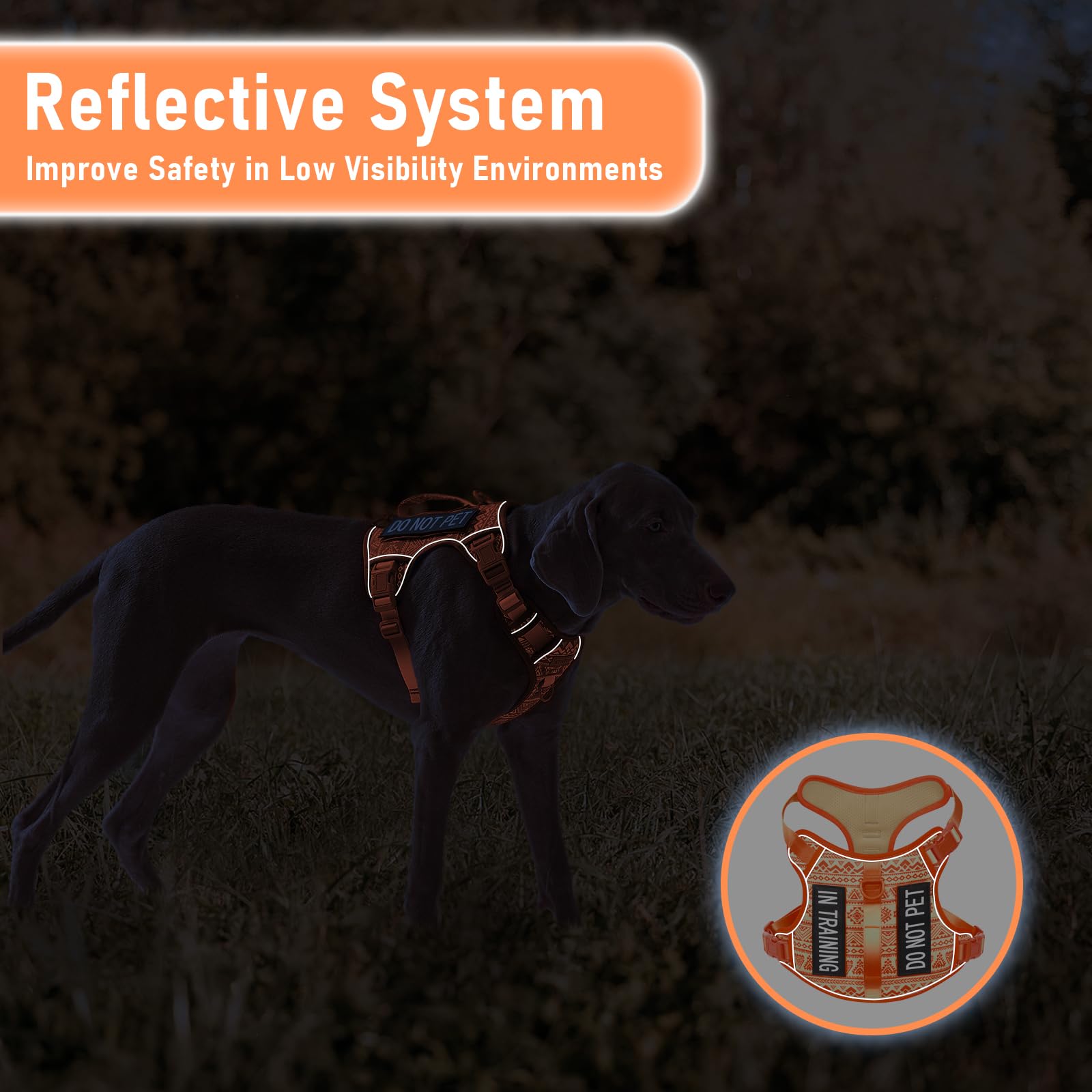AUNZO Tactical Dog Vest Harness close-up showing the reflective trim.