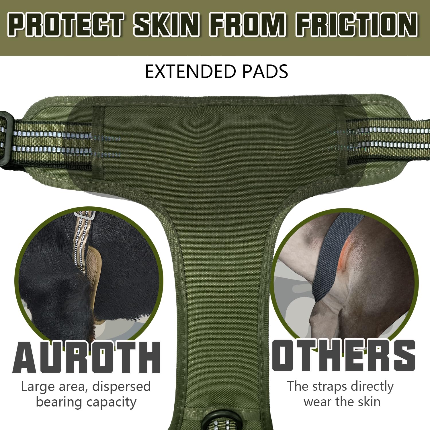 AUROTH dog harness detail showing the front metal leash clip.