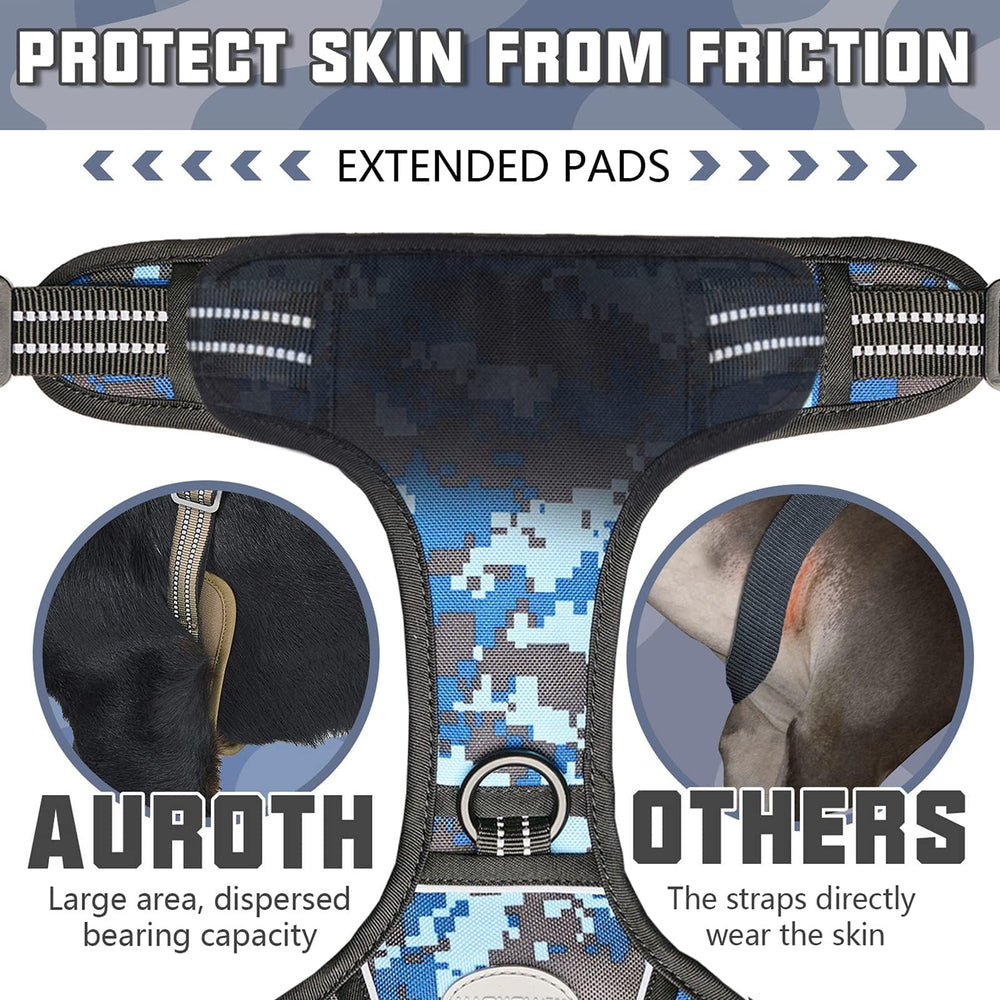 AUROTH dog harness showing its front and back metal leash attachment points.