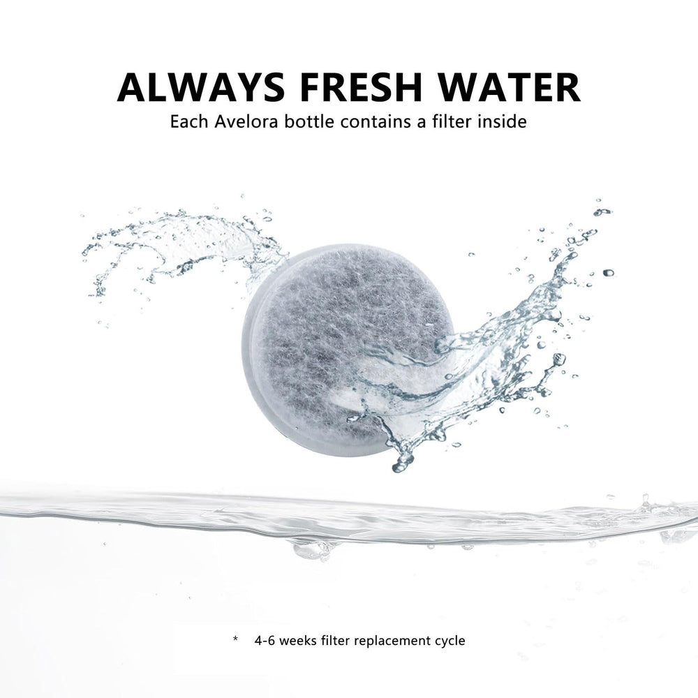 AVELORA dog water bottle filter detail featuring the activated charcoal filter.