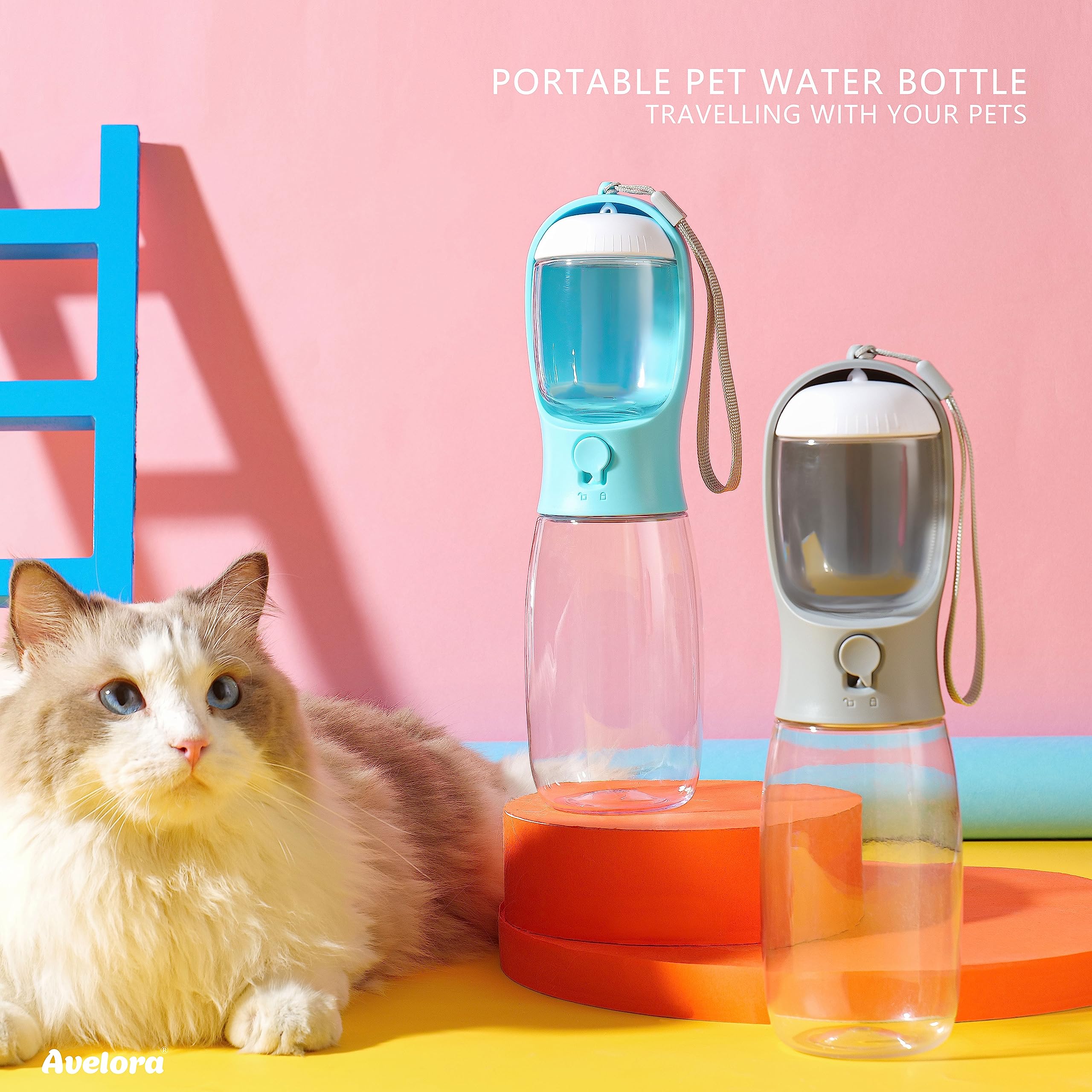 AVELORA dog water bottle dispenser close-up showing the press-to-dispense design.