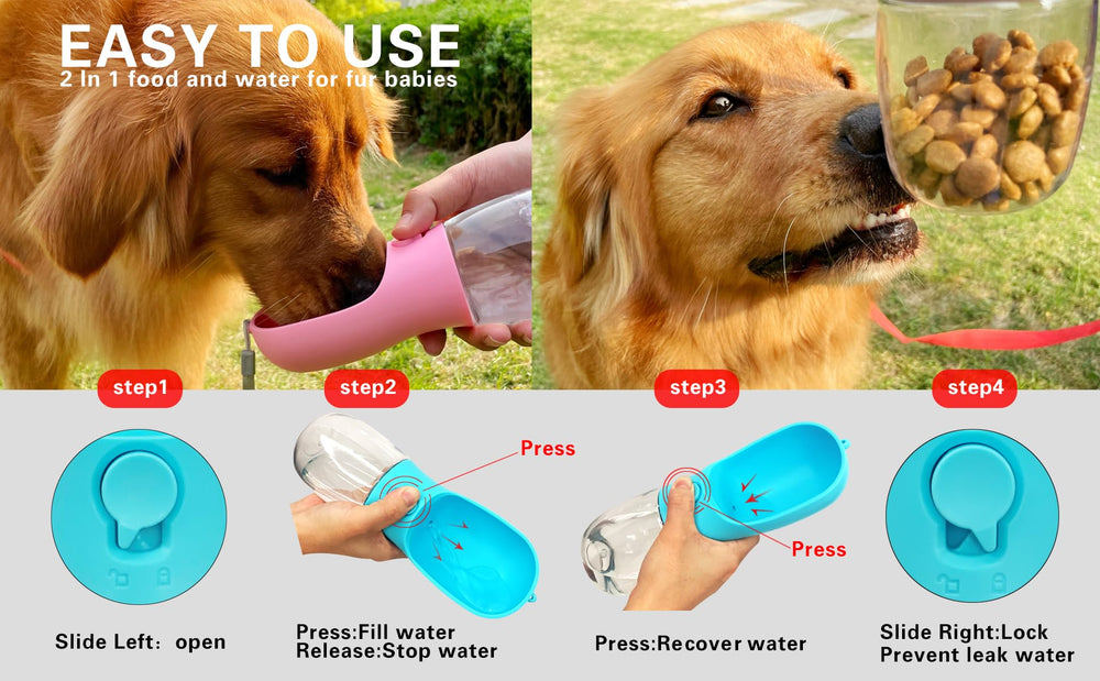 AVELORA dog water bottle food compartment shown open for dry food storage.