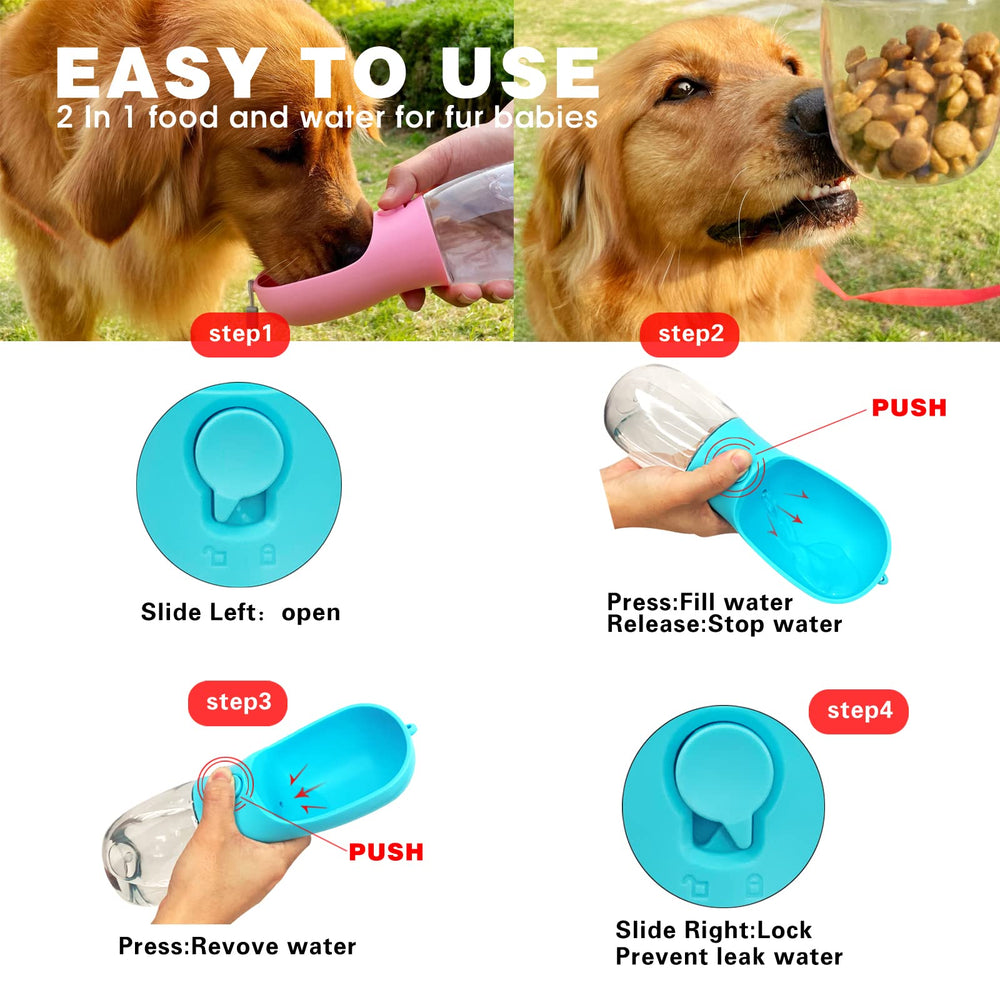 AVELORA dog water bottle food compartment shown open for dry food.