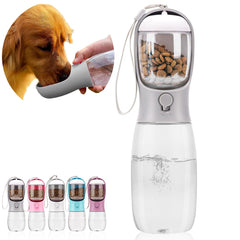 AVELORA dog water bottle shown from the front with its food container.
