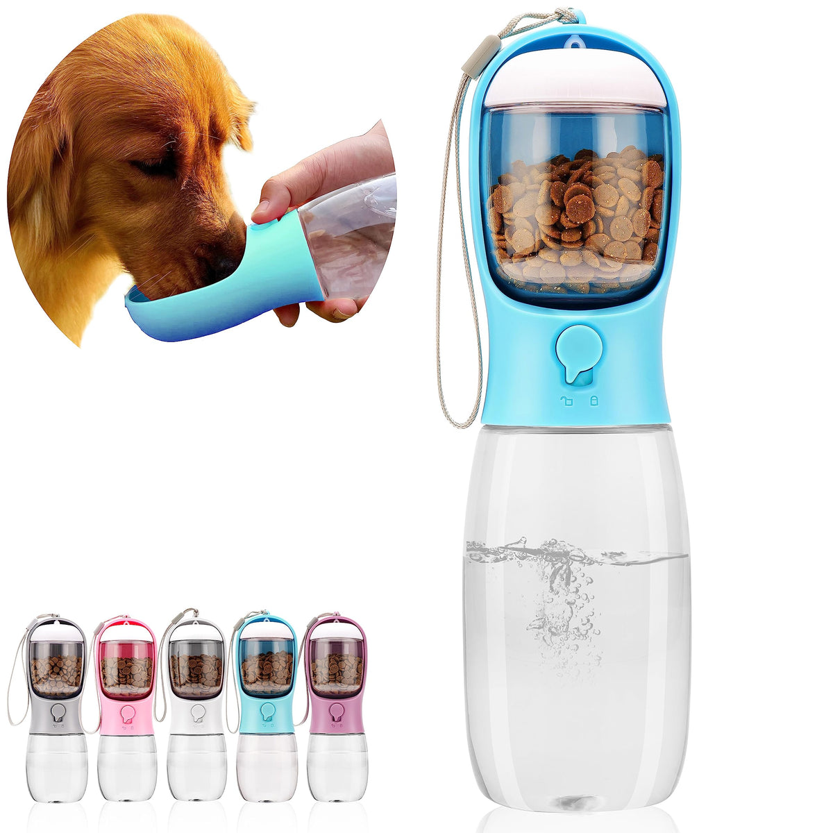 AVELORA dog water bottle with food container shown from the front.