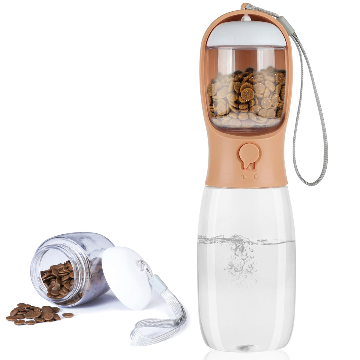 AVELORA dog water bottle shown from the front with its food container.
