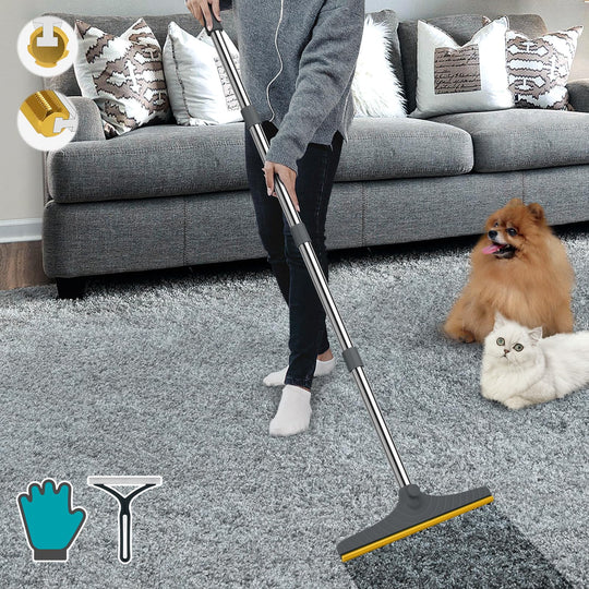 B-Land carpet rake set shown with the rake, silicone Y-shaped remover, and pet grooming glove.