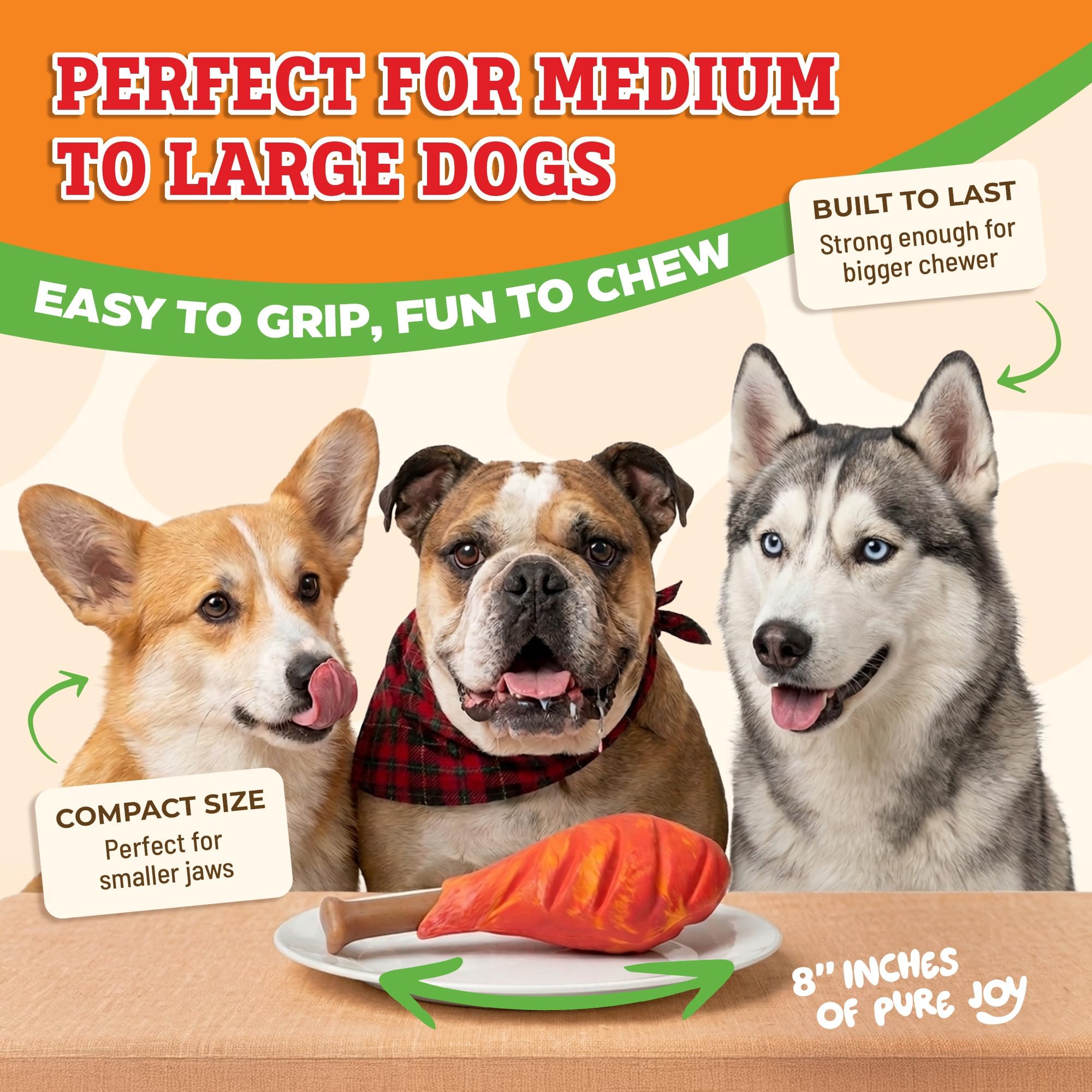 Baba Buddies 5-in-1 Turkey Leg Dog Chew Toy with raised ridges shown close up.