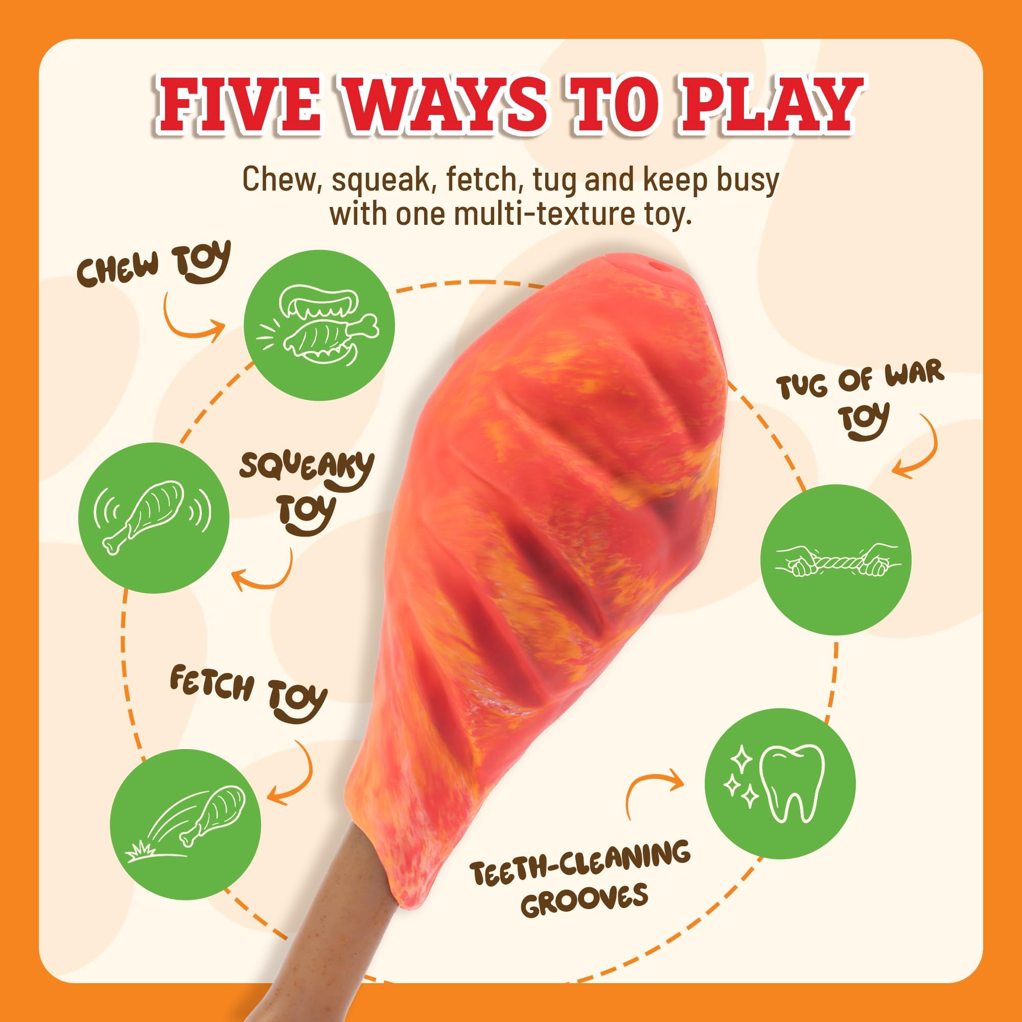 Baba Buddies 5-in-1 Turkey Leg Dog Chew Toy with its squeaker feature in focus.