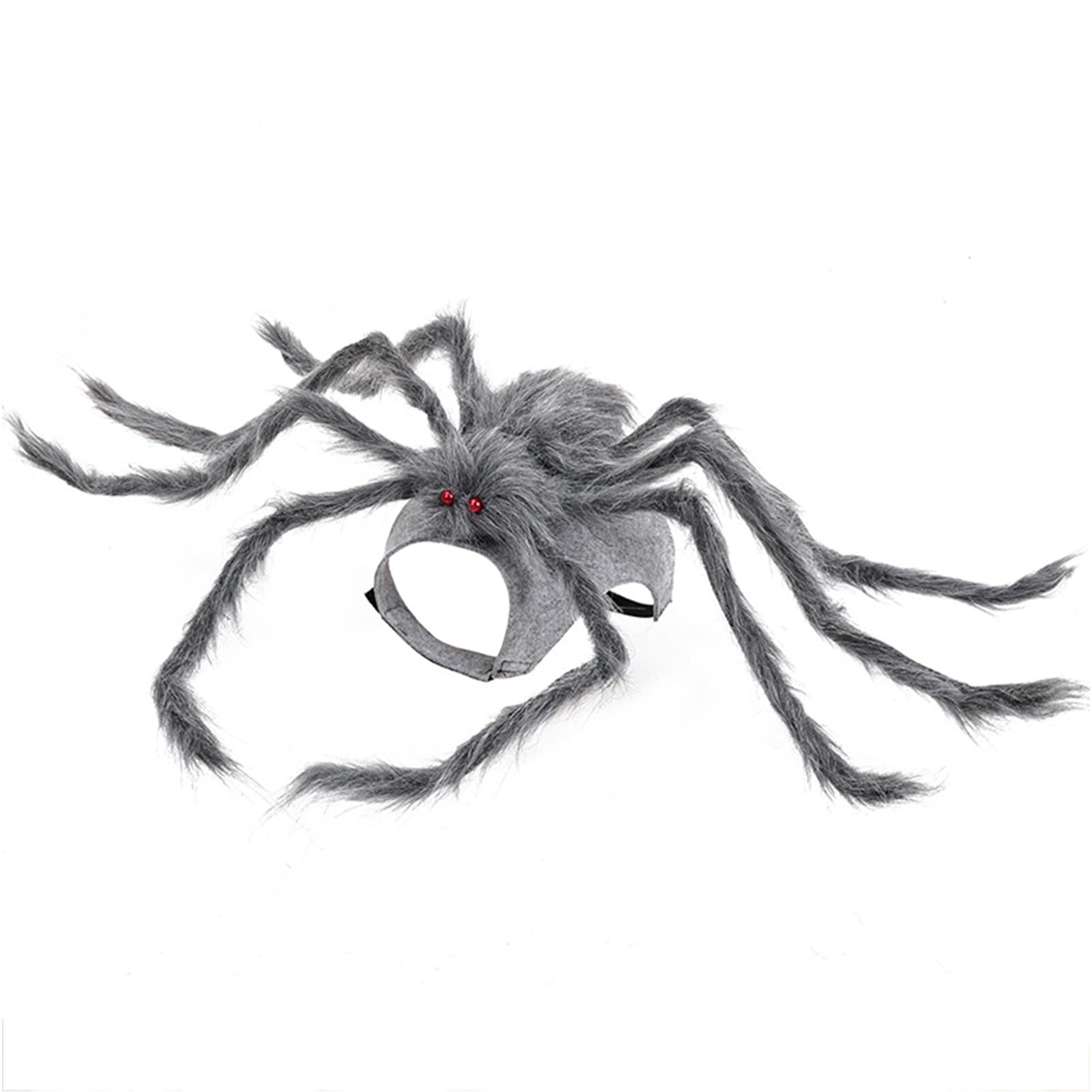 BAMY dog spider costume shown from the front with its gray plush body and spider details.