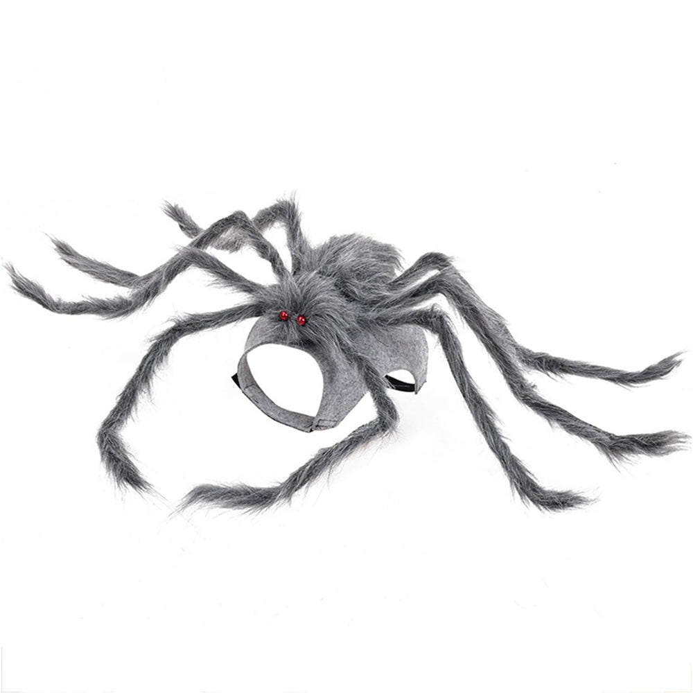 BAMY dog spider costume shown from the front with its gray plush body and spider details.