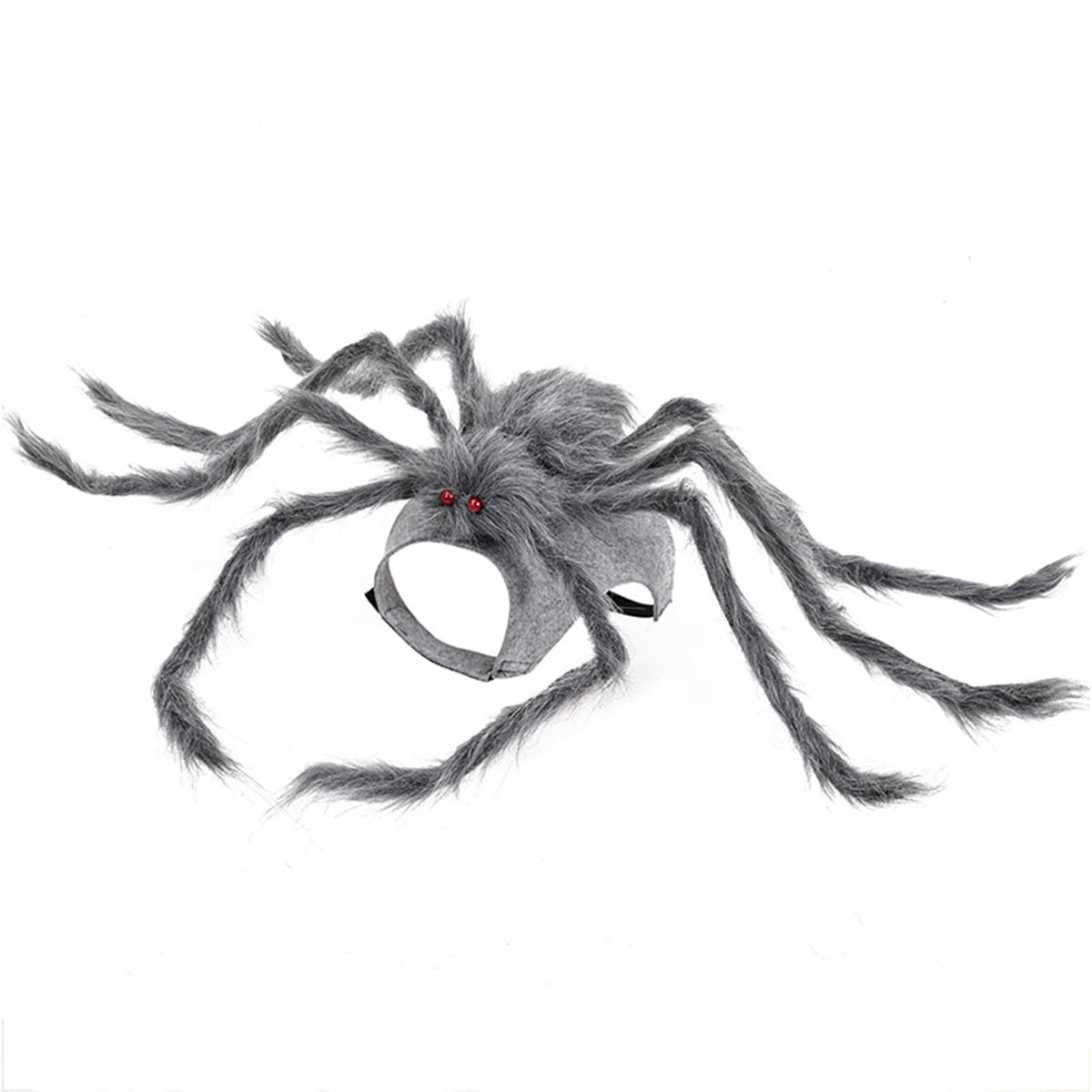BAMY dog spider costume shown from the front with its gray plush body and spider details.