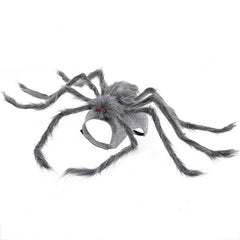 BAMY dog spider costume shown from the front with its gray plush body and spider details.