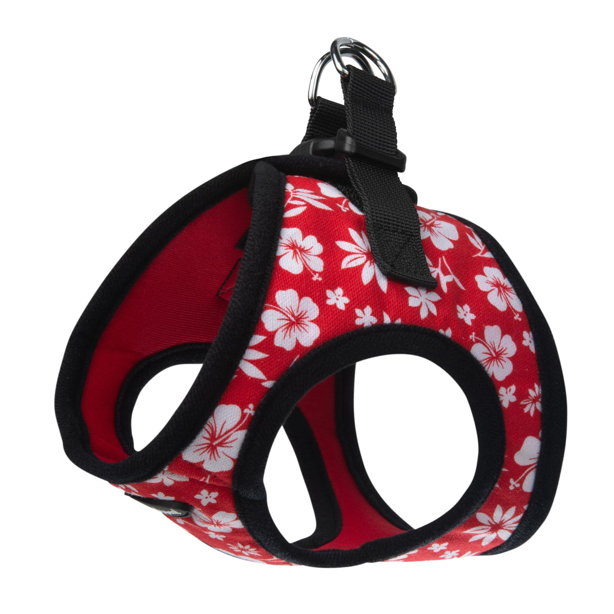 Bark Appeal Red Hibiscus step-in dog harness shown from the front.