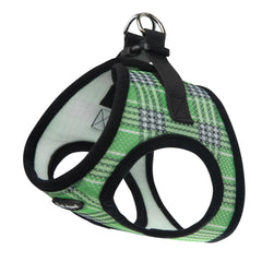 Bark Appeal step-in dog harness shown from the front in green plaid.