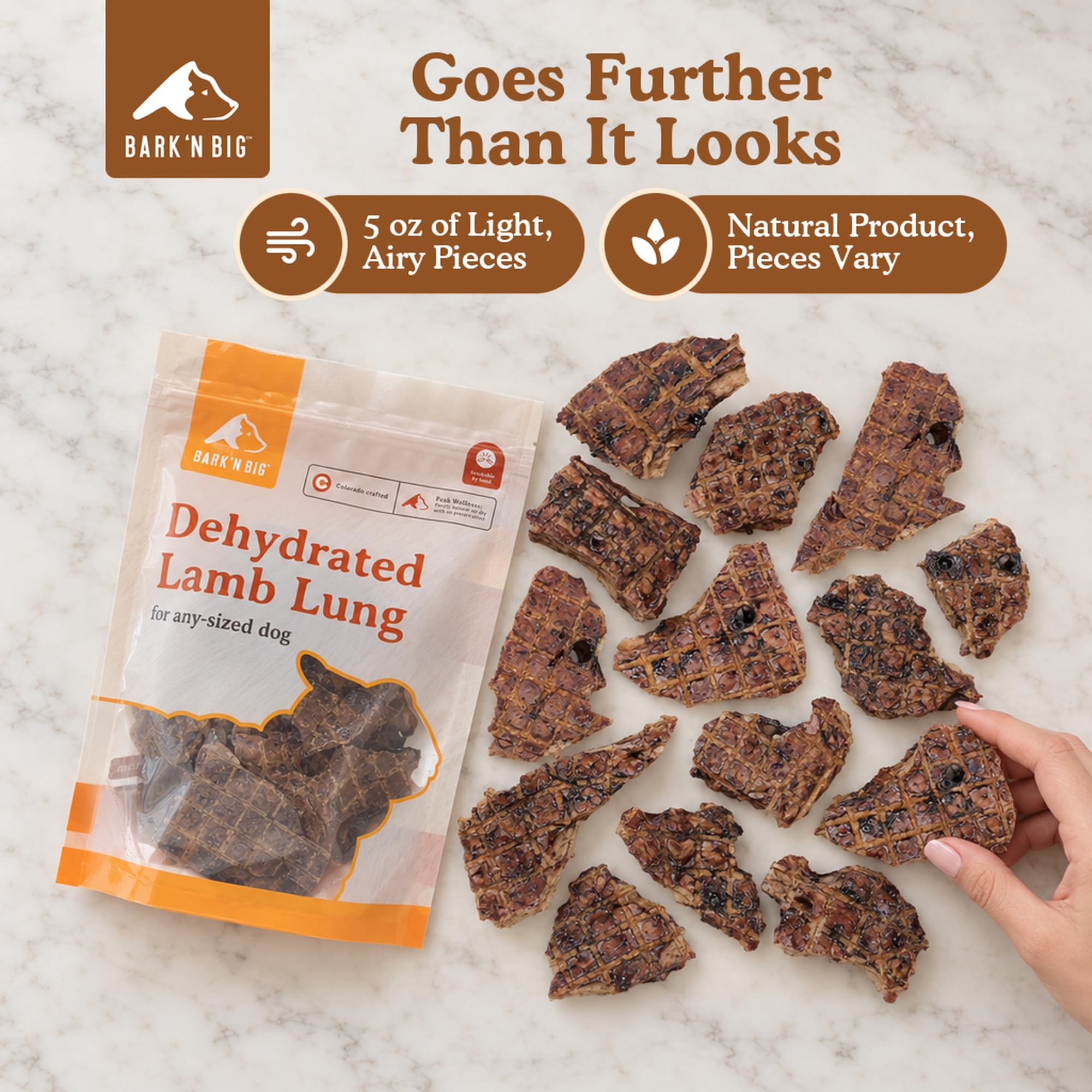 BARK'N BIG Lamb Lung Dog Treats with lamb lung as the single ingredient.