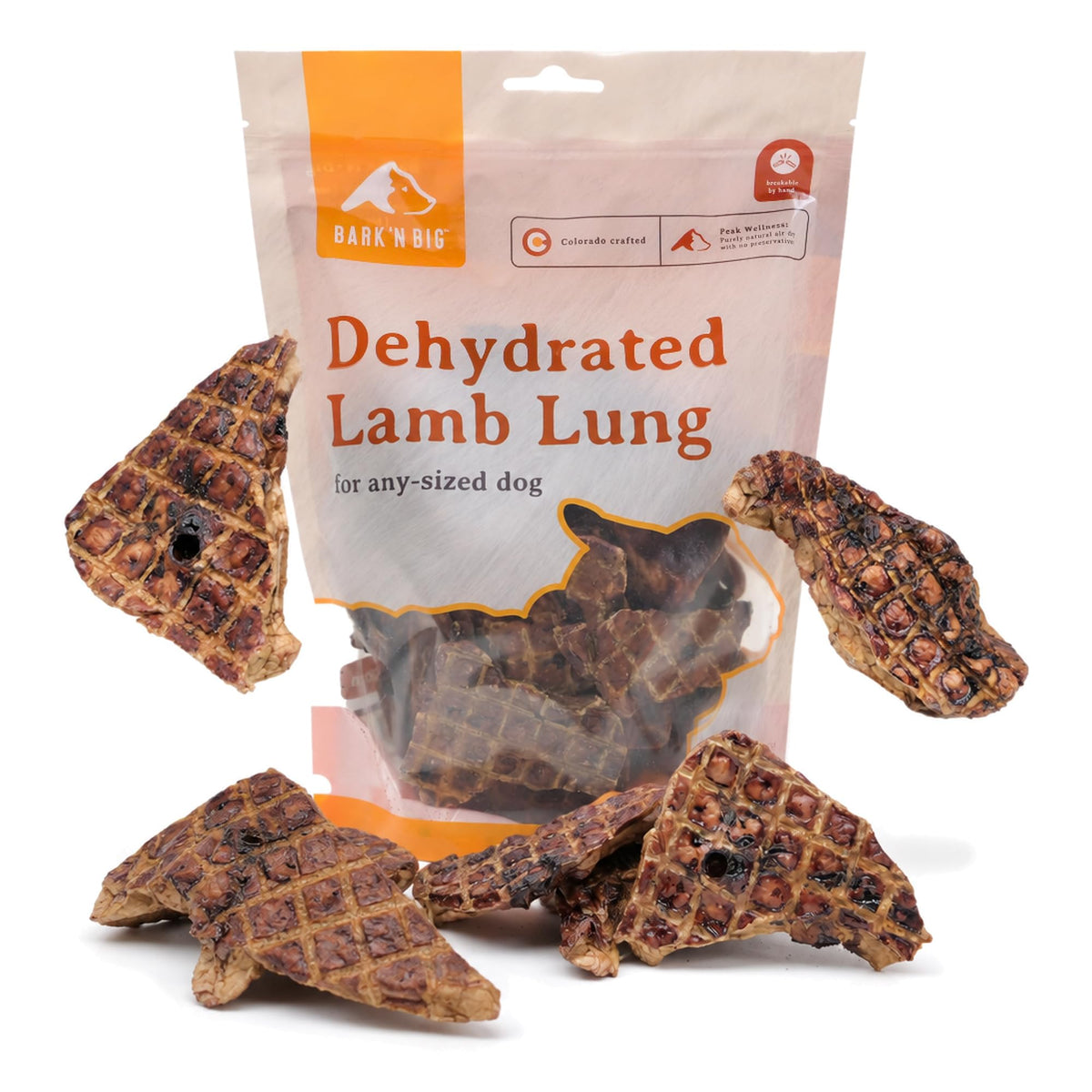 BARK'N BIG Lamb Lung Dog Treats shown with their 5 oz bag.