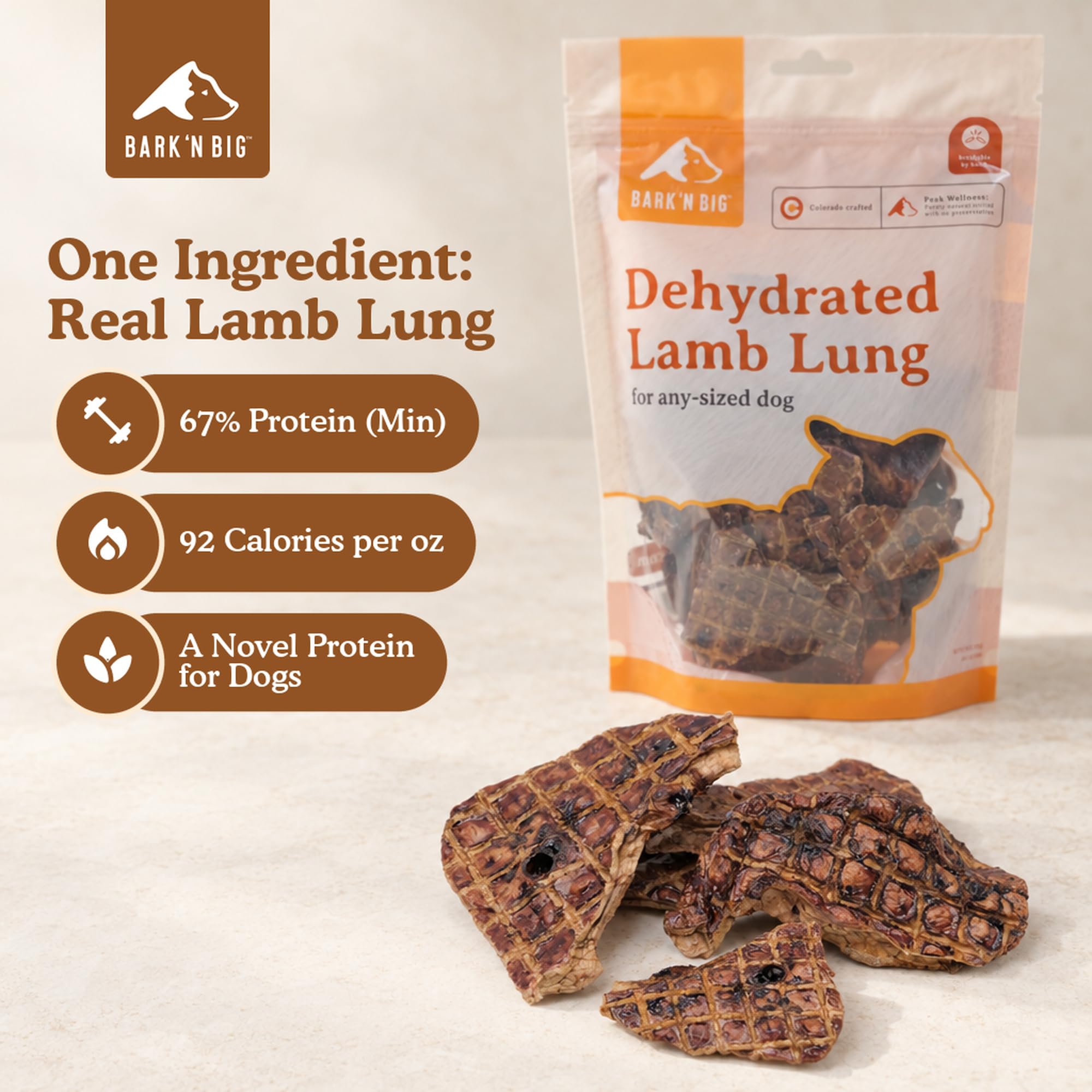 BARK'N BIG Lamb Lung Dog Treats shown as a whole between-meal snack.