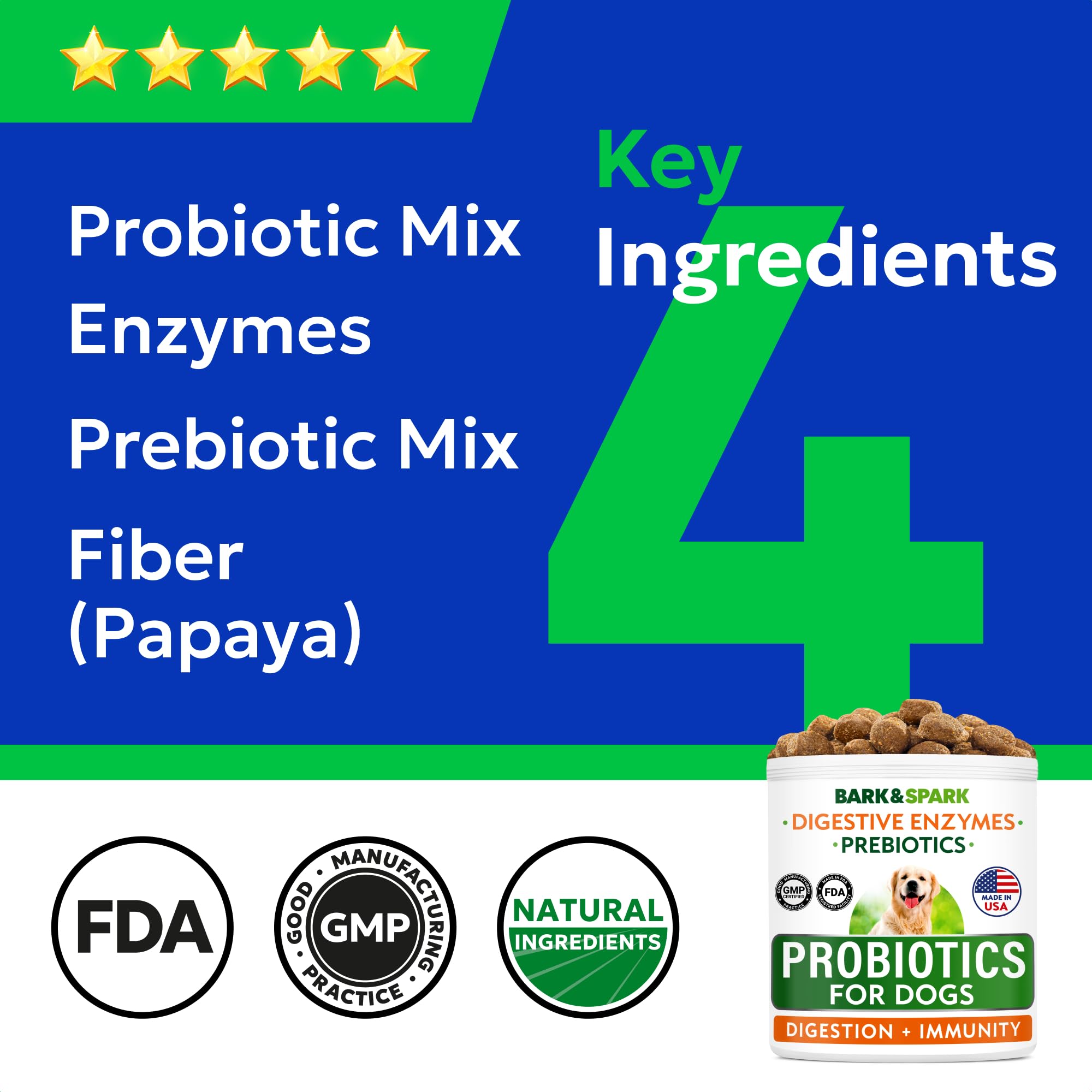 BARK&SPARK Dog Probiotic Chews shown as a daily dog supplement.