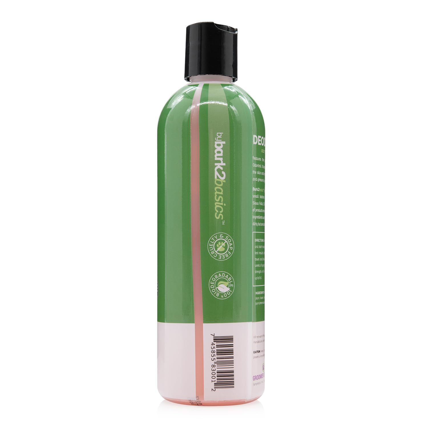 Bark2Basics deodorizing dog shampoo bottle shown from the back.