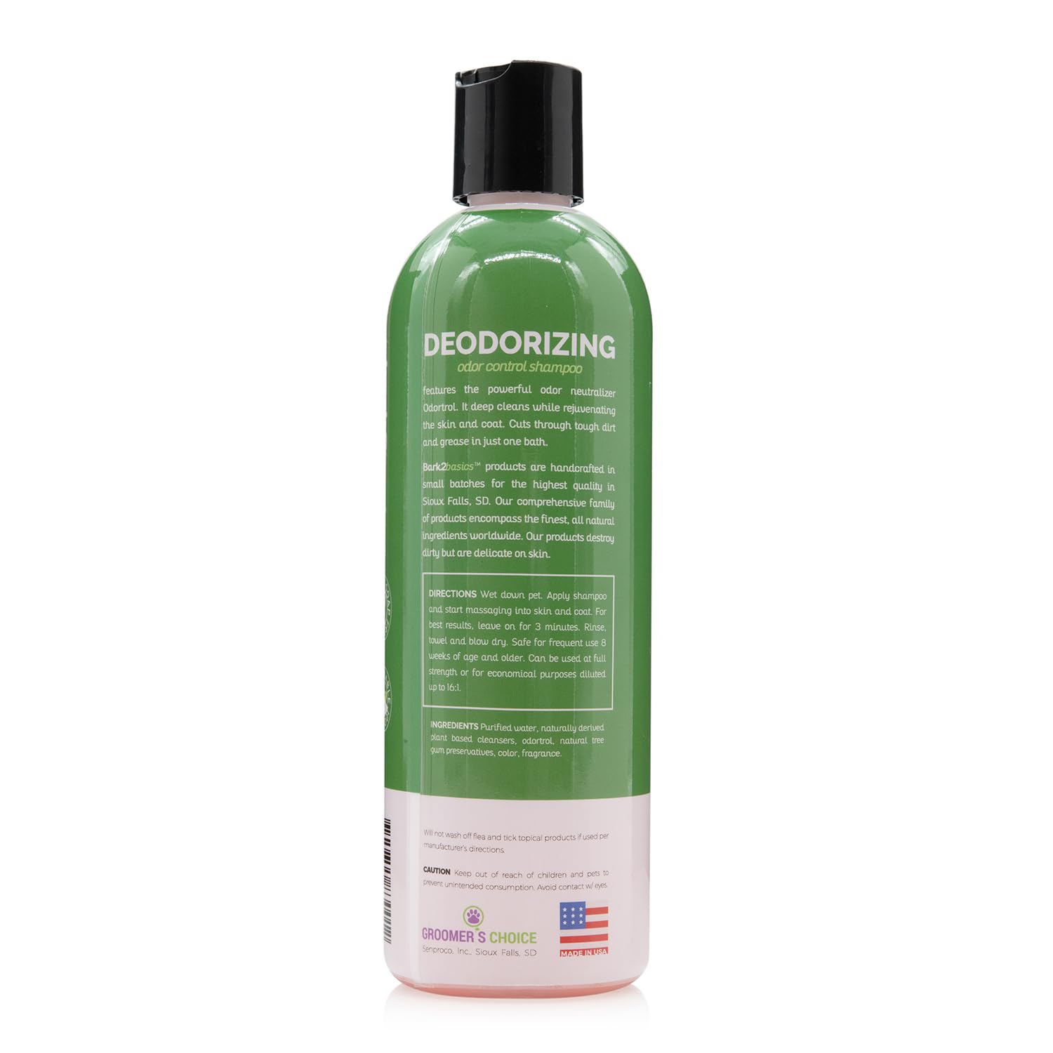Bark2Basics deodorizing dog shampoo cap and bottle detail.