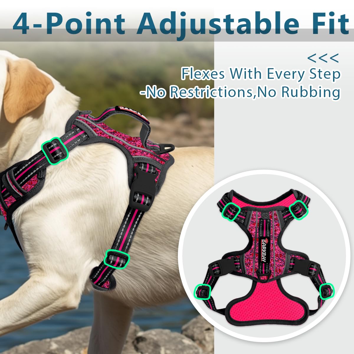 BARKBAY dog harness adjustable fit features shown.