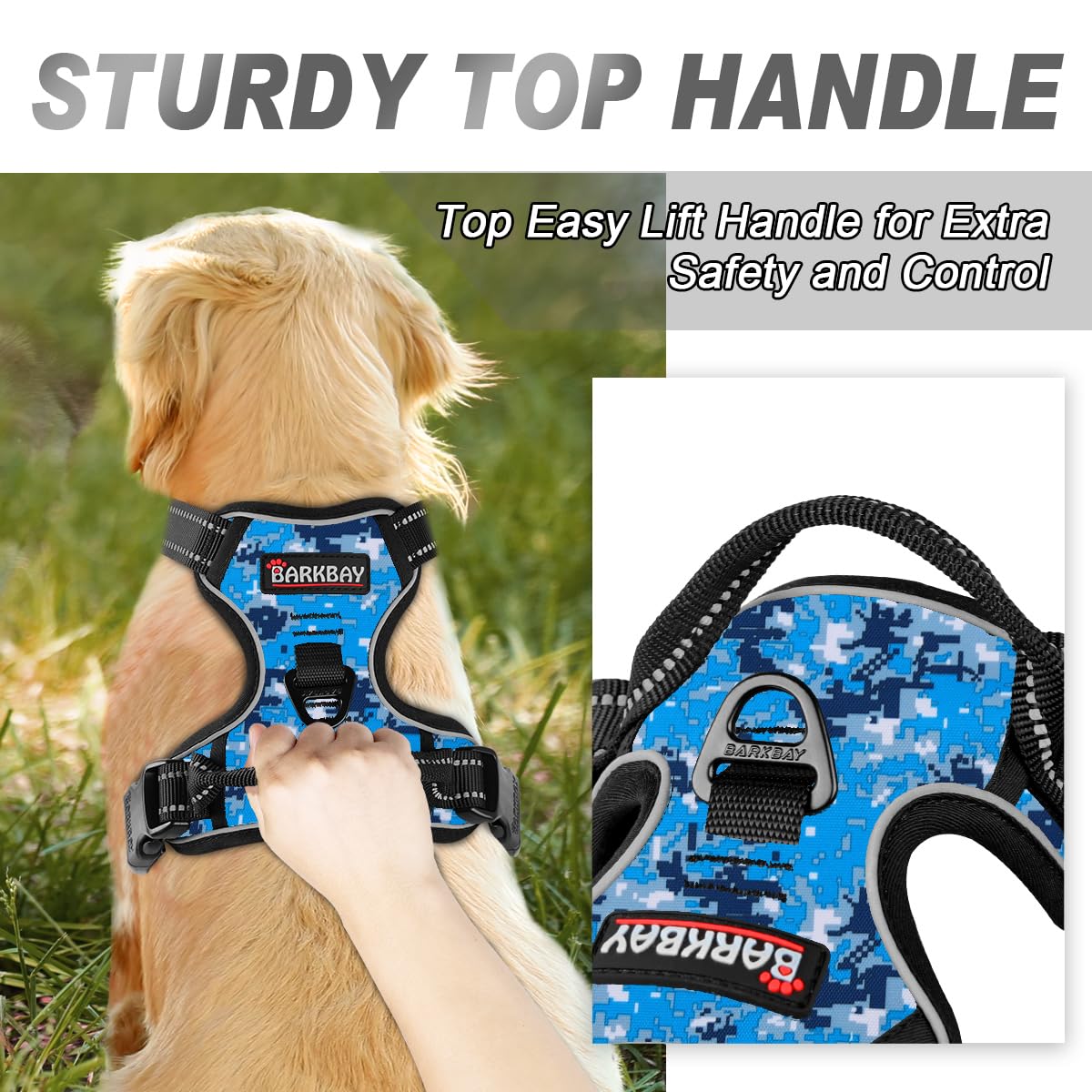 BARKBAY dog harness with its chest leash attachment point in view.