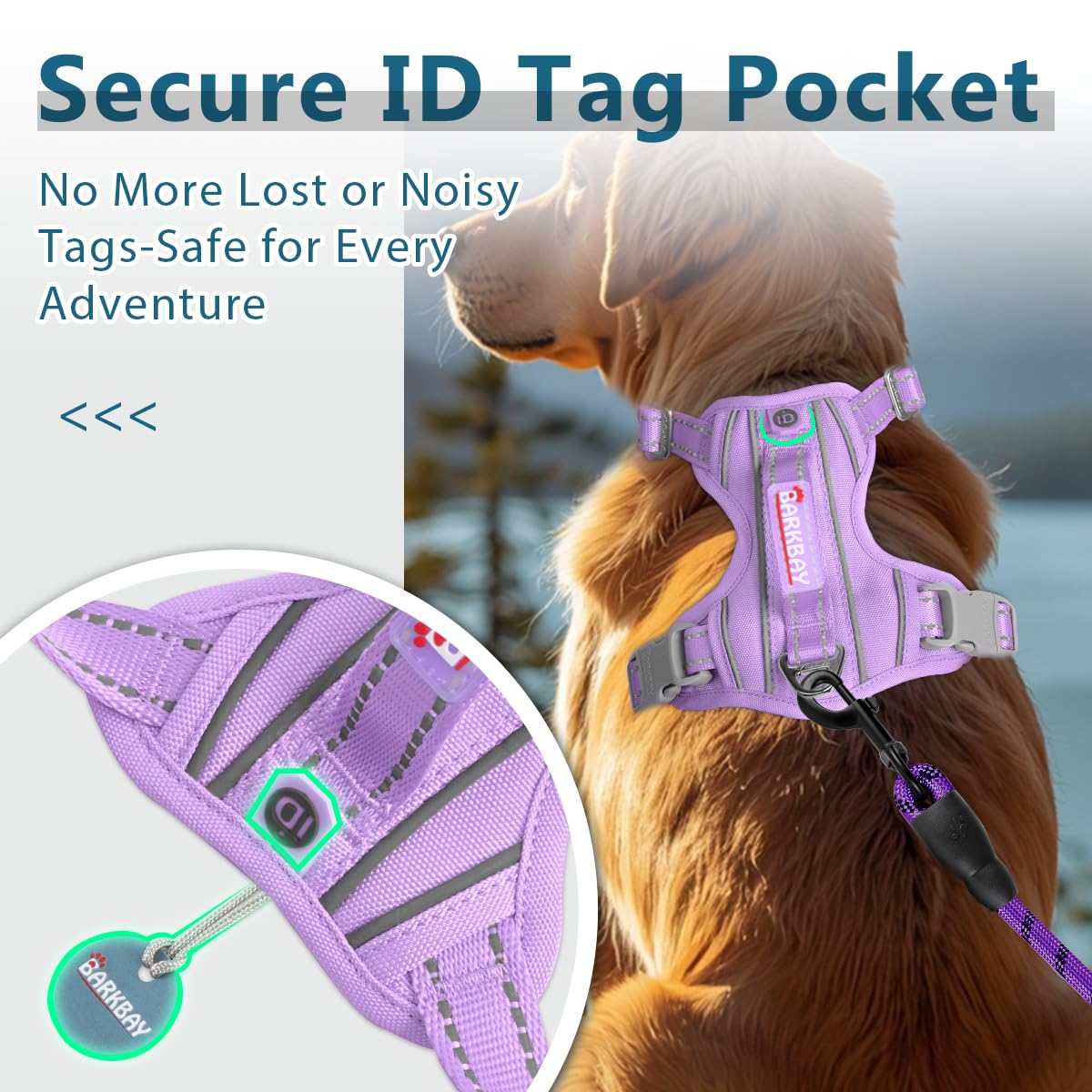 BARKBAY dog harness with its ID tag pocket in focus.