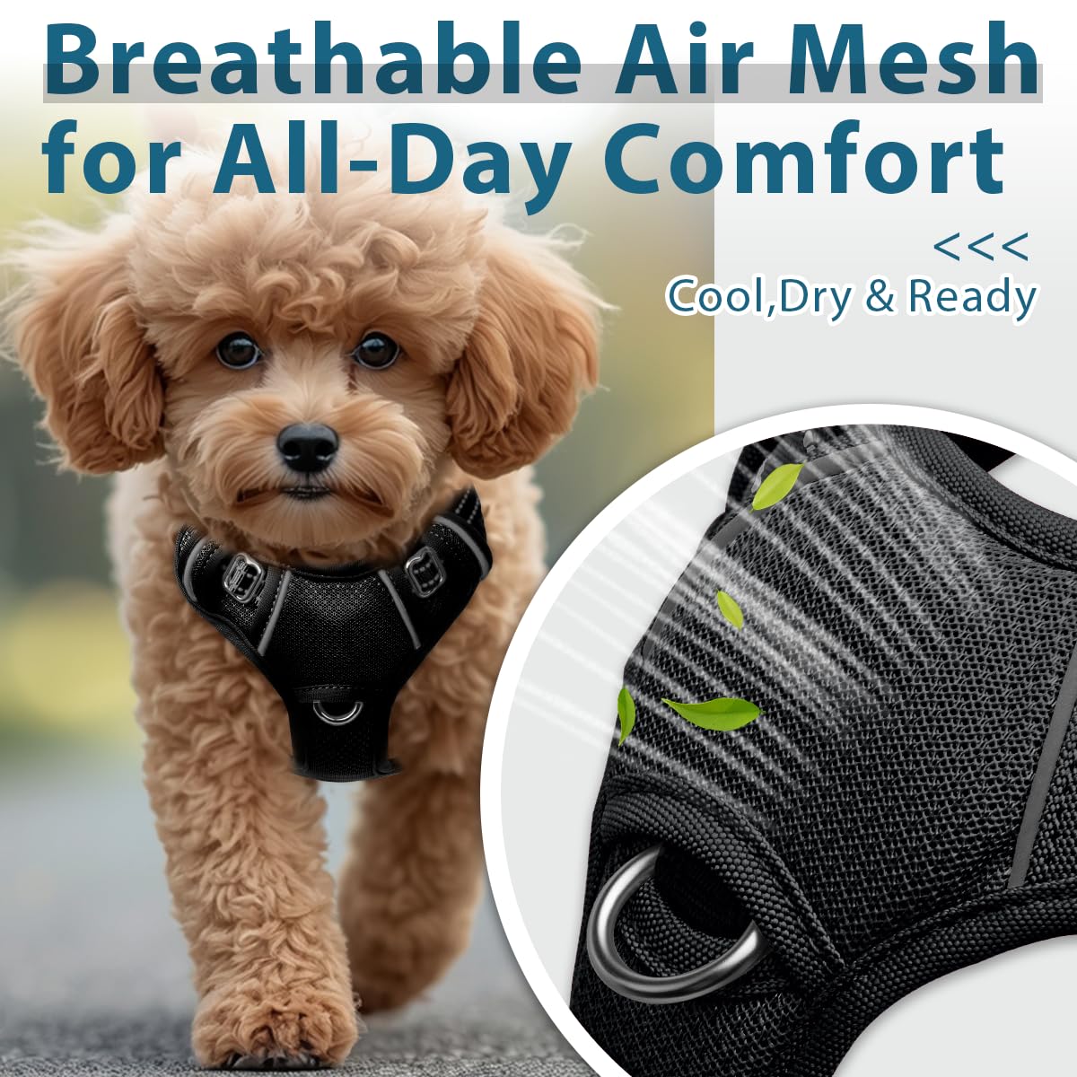 BARKBAY dog harness close-up showing its air mesh fabric and padding.
