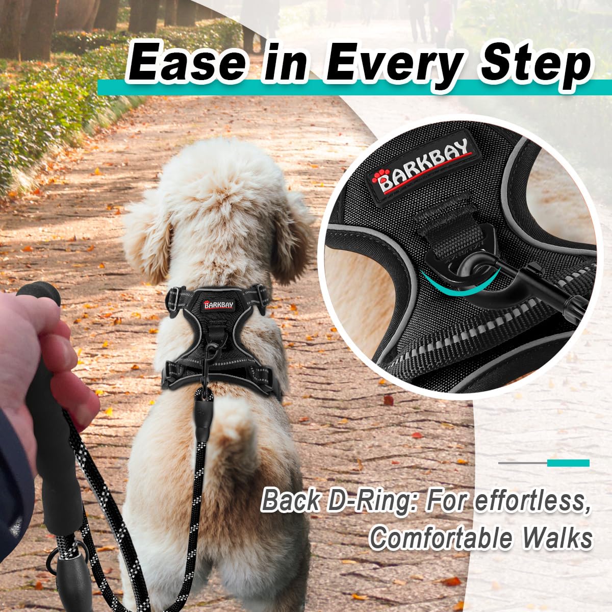 BARKBAY dog harness reflective straps shown in detail.