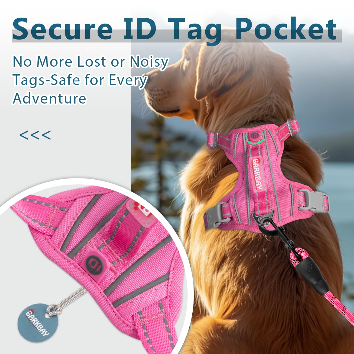 BARKBAY dog harness reflective strips shown in detail.