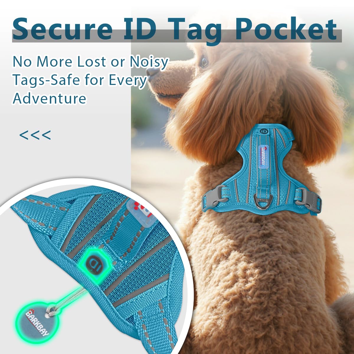 BARKBAY dog harness reflective strips shown in detail.