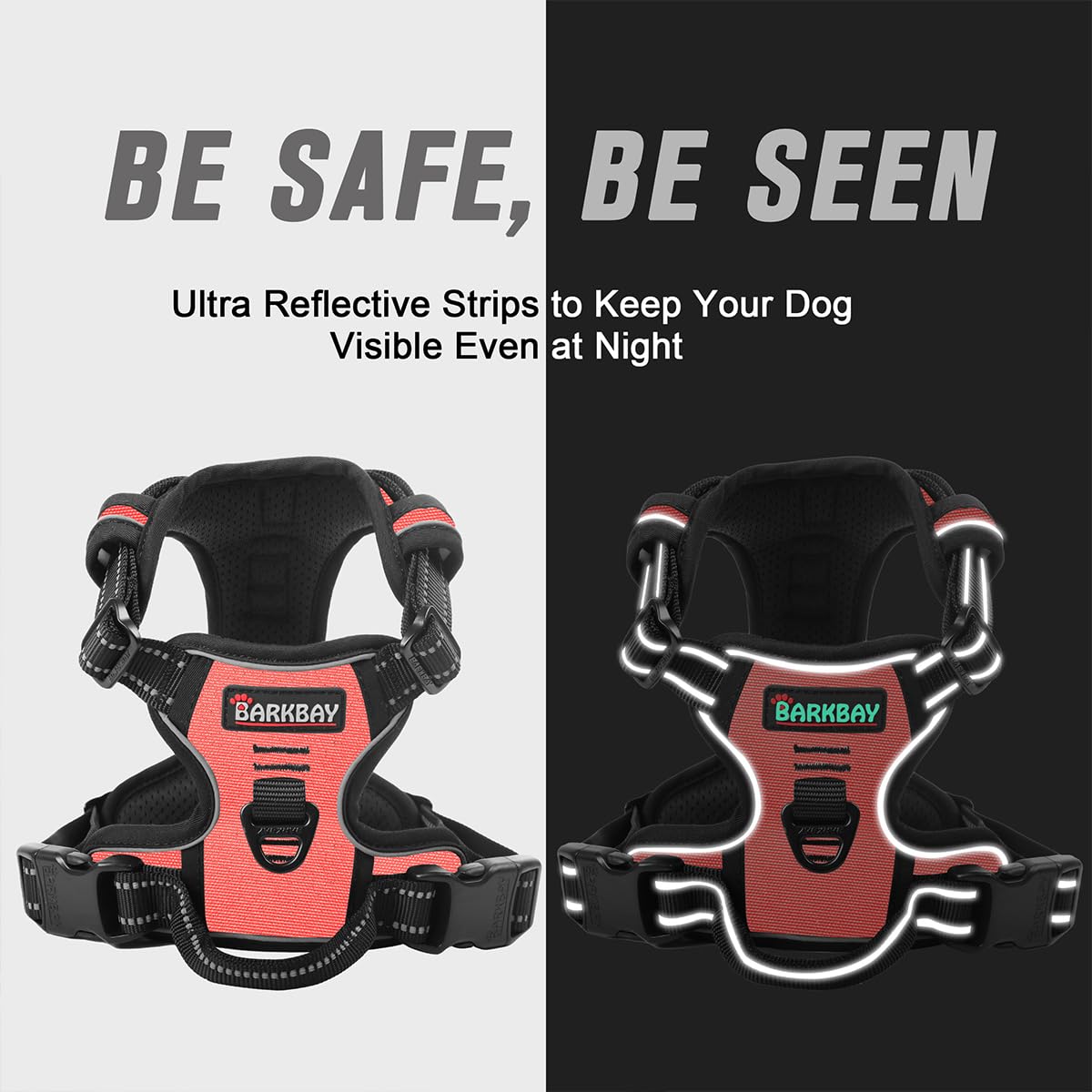BARKBAY dog harness reflective strips shown in detail.
