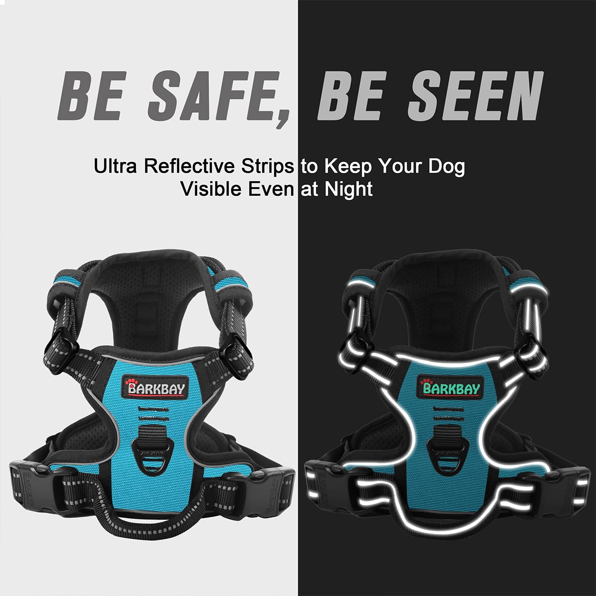 BARKBAY Dog Harness close-up of its reflective strips for low-light visibility.