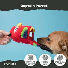 BarkBox Captain Parrot dog toy close-up of the grooves for spreadable treats.