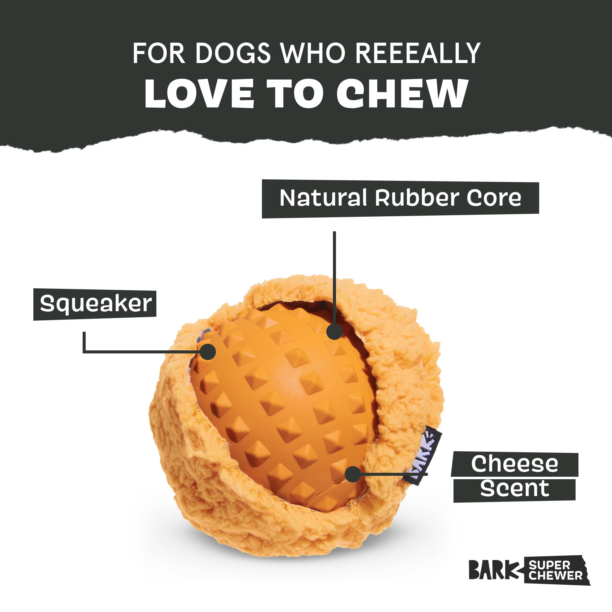 BarkBox Cheeze Brawl plush toy close-up highlighting the fuzzy outer texture.