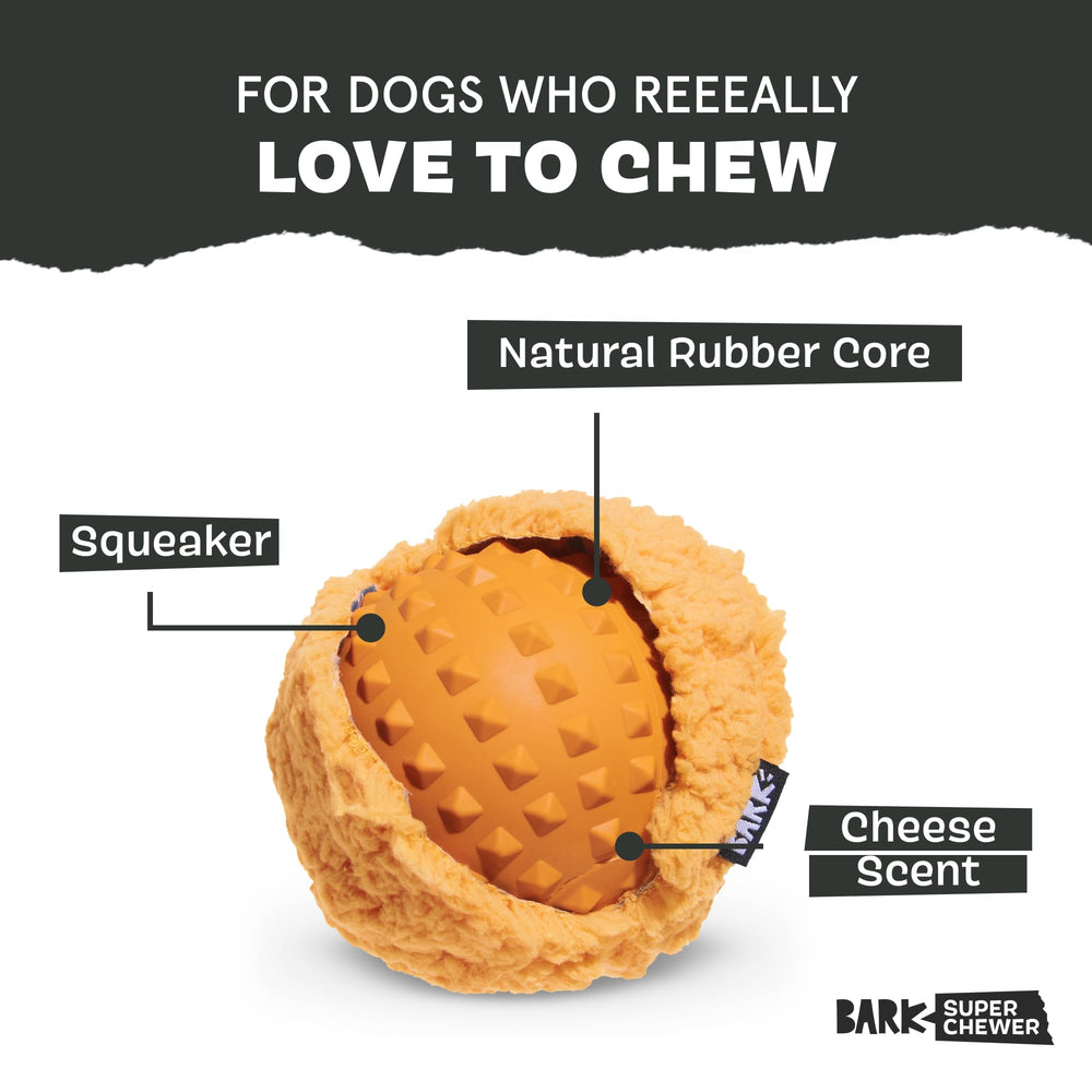 BarkBox Cheeze Brawl plush toy close-up highlighting the fuzzy outer texture.